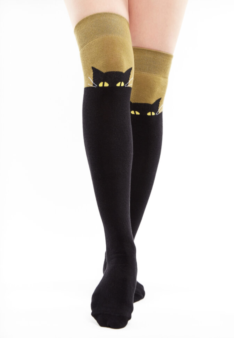 Șosete Damă peste Genuchi, Imprimeu Pisica,Culoare Negru-Verde,Engros